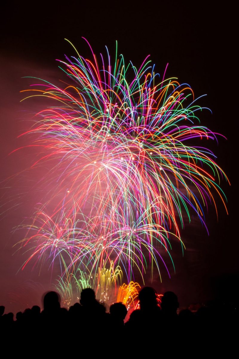 Vertical shot of beautiful colorful fireworks under the dark night sky